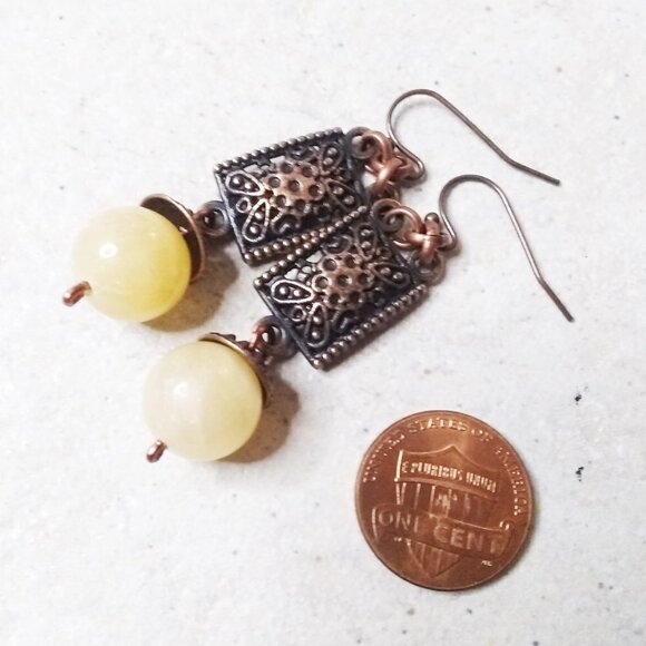 Ornate Copper Plate + Massive Genuine Citrine Beads! Gorgeous Statement Earrings - Picture 6 of 7